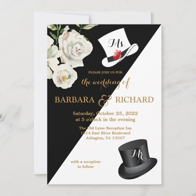 Invitación Boda blanco y negro floral (Anverso)