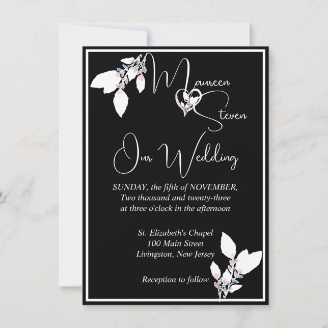 Invitación Boda blanco y negro floral elegante (Anverso)