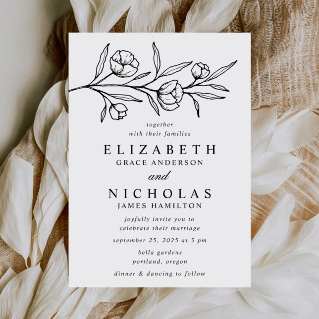 Invitación Boda blanco y negro floral esbozado (Subido por el creador)