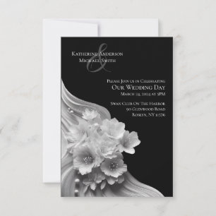 Invitación Boda blanco y negro floral moderno -