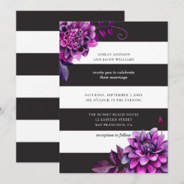 Invitación Boda blanco y negro. Floral morada acuarela