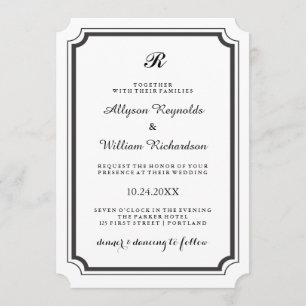 Invitación Boda blanco y negro formal del monograma elegante
