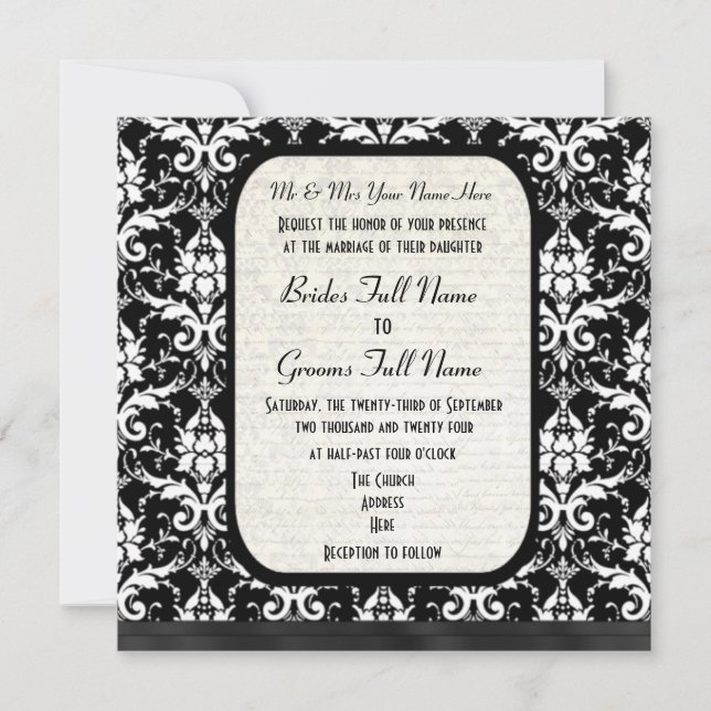 Invitación Boda blanco y negro formal tradicional del damasco (Anverso)
