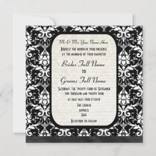 Invitación Boda blanco y negro formal tradicional del damasco