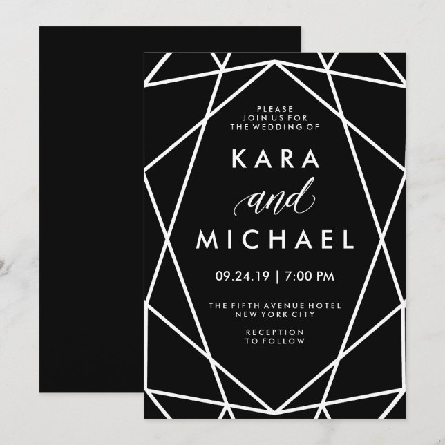Invitación Boda blanco y negro geométrica (Anverso / Reverso)