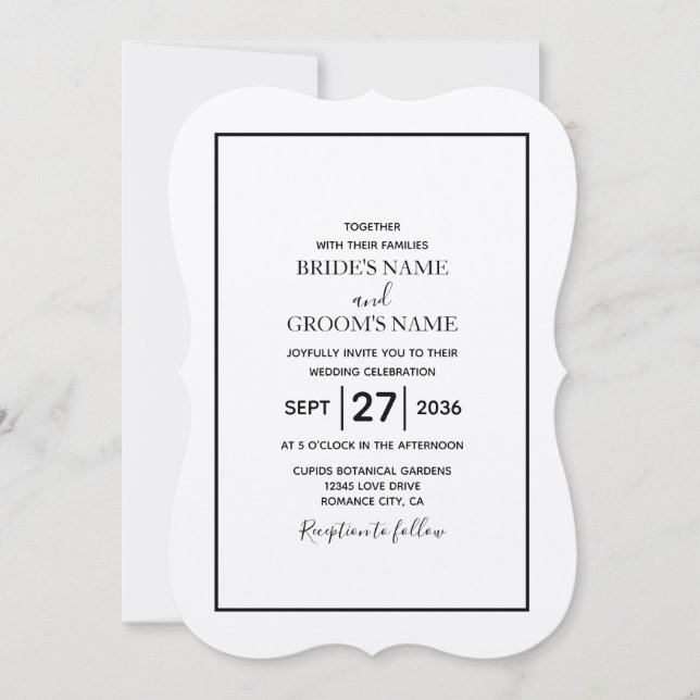 Invitación Boda blanco y negro minimalista (Anverso)