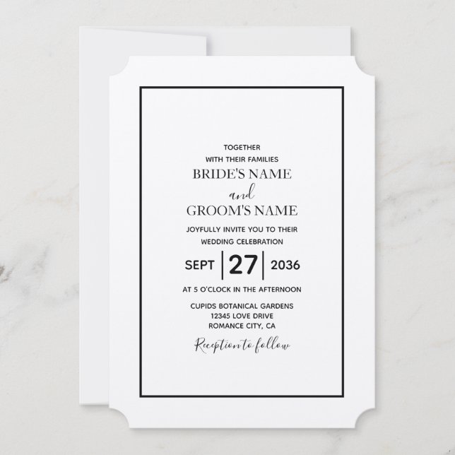 Invitación Boda blanco y negro minimalista (Anverso)