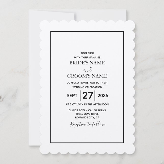Invitación Boda blanco y negro minimalista (Anverso)