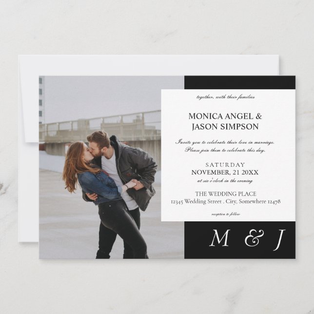 Invitación Boda blanco y negro simple con fotografía elegante (Anverso)