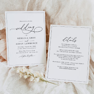 Invitación Boda blanco y negro todo en uno simple clásico