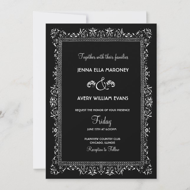 Invitación Boda blanco y negro vintage (Anverso)
