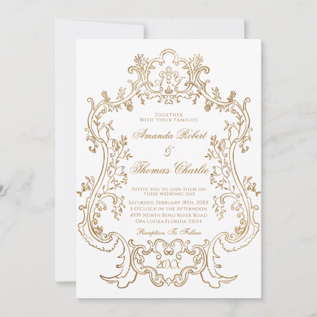 Invitación Boda blanco y oro de Victoria (Anverso)