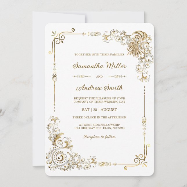 Invitación Boda blanco y oro editable (Anverso)