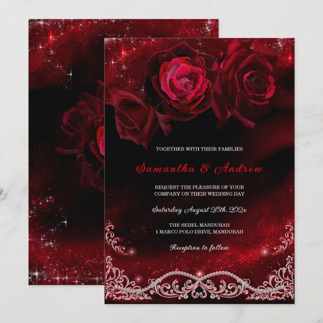 Invitación Boda blanco y rojo negro (Anverso / Reverso)