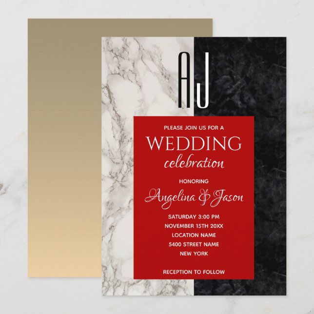 Invitación Boda blanco y rojo negro moderno (Anverso / Reverso)