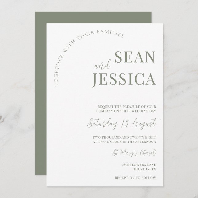 Invitación Boda blanco y sabio moderno (Anverso / Reverso)