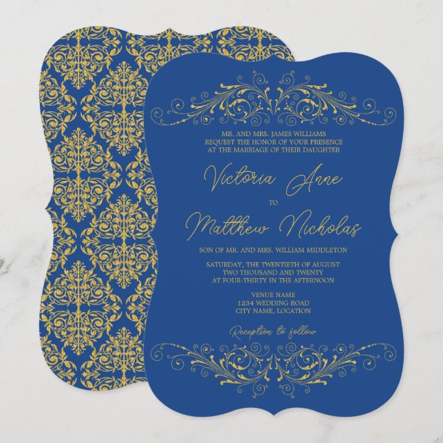 Invitación Boda Bleu y Faux Gold Flouriask Damask (Anverso / Reverso)