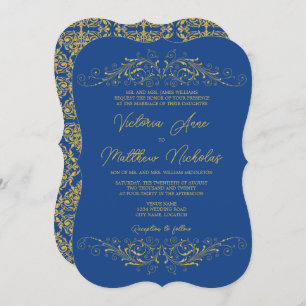 Invitación Boda Bleu y Faux Gold Flouriask Damask