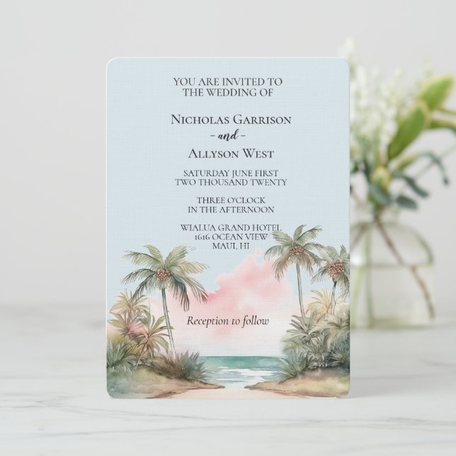 Invitación Boda Blue Aloha Tropical Beach Palm Trees (Anverso de pie)