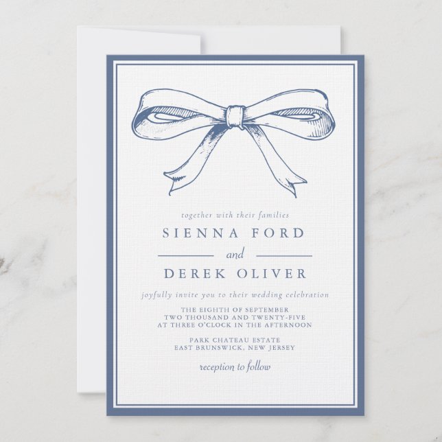 Invitación Boda Blue Bow de elegancia francesa (Anverso)