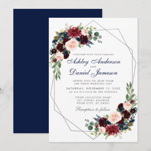 Invitación Boda Blue Burgundy Floral Geométrica Silver