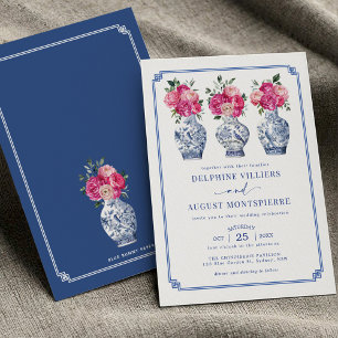 Invitación Boda Blue Chinoiserie Porcelain Pink Peonies