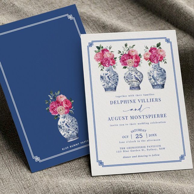 Invitación Boda Blue Chinoiserie Porcelain Pink Peonies (Subido por el creador)