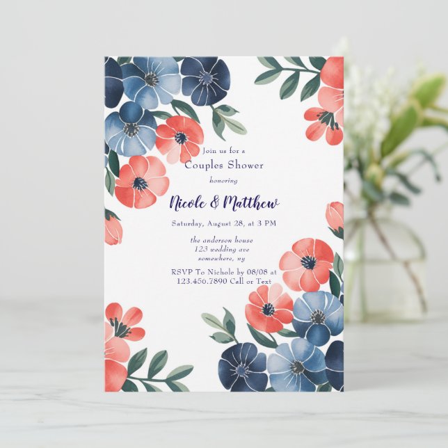 Invitación Boda Blue & Coral Bouquet Ducha Parejas (Anverso de pie)