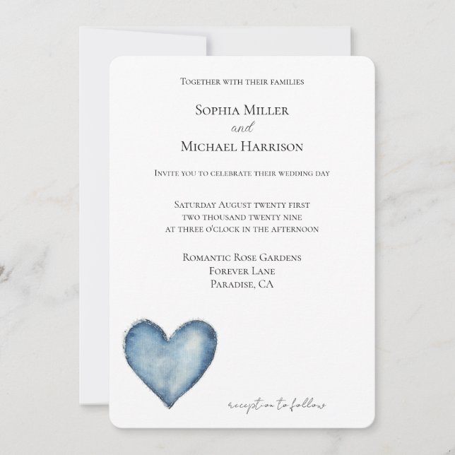 Invitación Boda Blue Denim Jean Heart (Anverso)