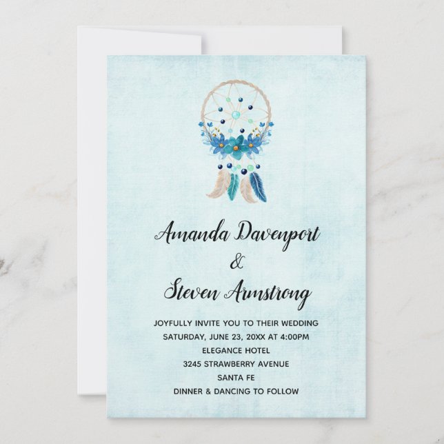 Invitación Boda Blue Dreamcatcher con flores y plumas (Anverso)
