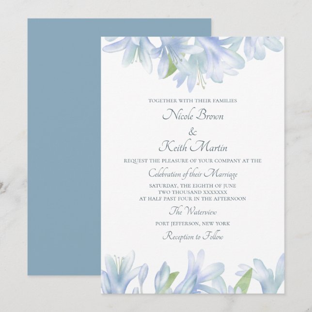 Invitación Boda Blue Lilies Watercolor (Anverso / Reverso)