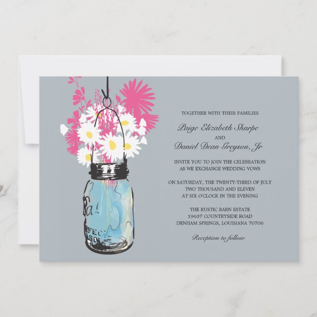 Invitación Boda Blue Mason Jar Daisies y Wildflowers (Anverso)