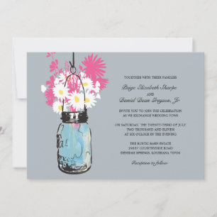Invitación Boda Blue Mason Jar Daisies y Wildflowers