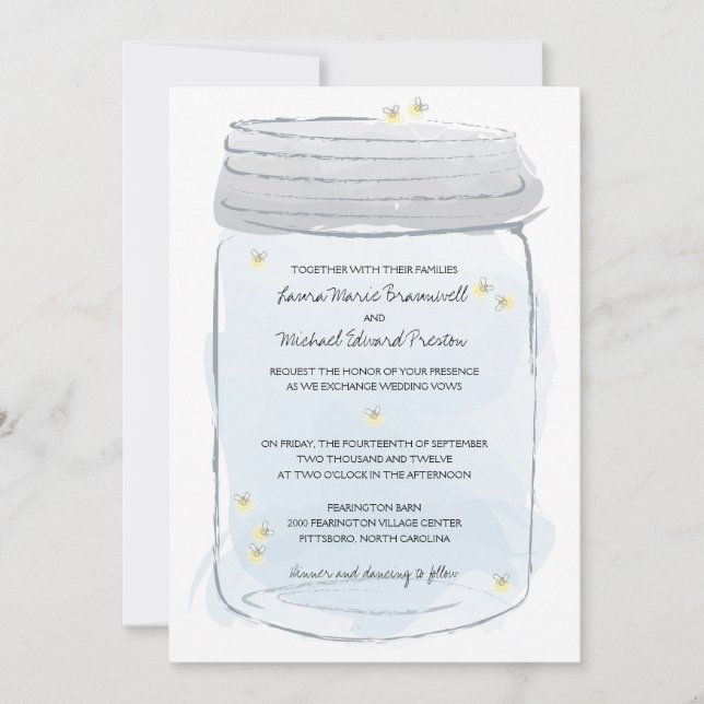 Invitación Boda Blue Mason Jar y Fireflies (Anverso)