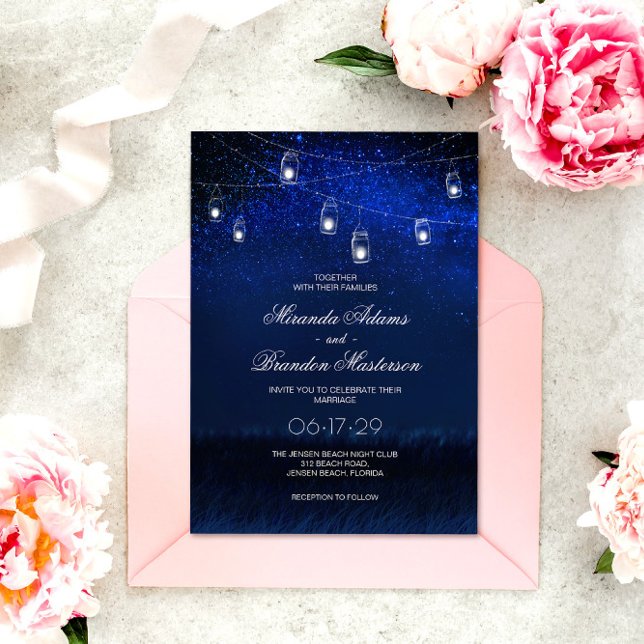 Invitación Boda Blue Night Silver Mason Jar String Lights (Subido por el creador)