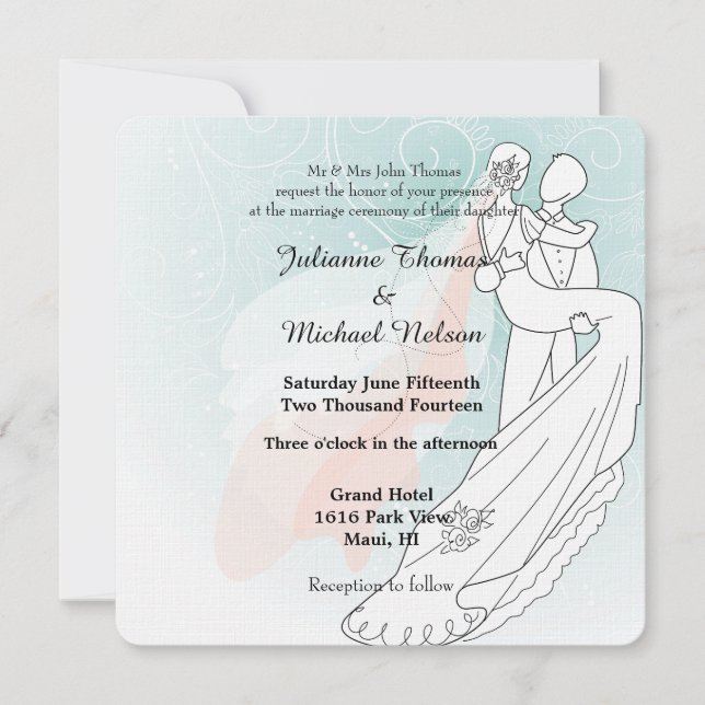 Invitación Boda Blue Peach Bride y Groom (Anverso)