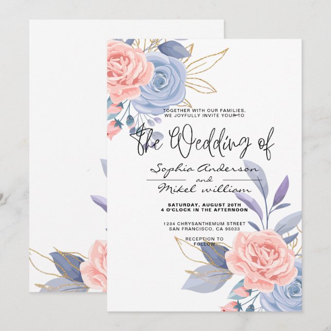 Invitación Boda Blue & Pink Floral Gold Blue and Pink  (Anverso / Reverso)