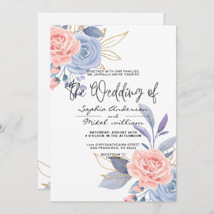 Invitación Boda Blue & Pink Floral Gold Blue and Pink