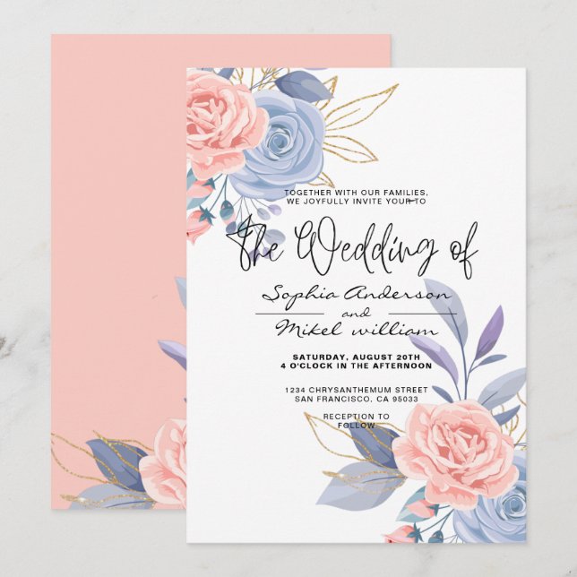 Invitación Boda Blue & Pink Floral Gold Blue and Pink  (Anverso / Reverso)