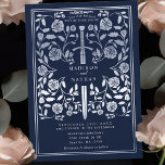 Invitación Boda Blue Royal Medieval Silver Sword<br><div class="desc">¡Entra en una historia de romance y leyenda! Estas invitaciones de boda medievales de fantasía cuentan con una espada regal entrelazada con flores de plata sobre un fondo azul profundo. Son perfectas para las parejas que buscan un toque encantador y atemporal para su día especial. Tenga en cuenta que la...</div>
