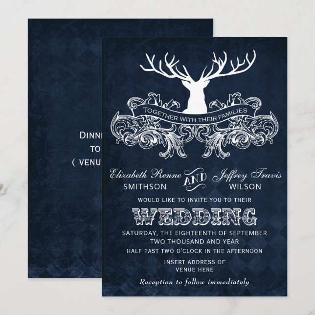 Invitación Boda Blue Rustic Antler Deer Woodland (Anverso / Reverso)