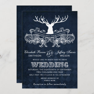 Invitación Boda Blue Rustic Antler Deer Woodland