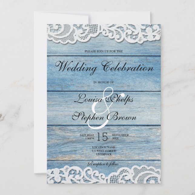 Invitación Boda Blue Rustic Wood and Lace (Anverso)