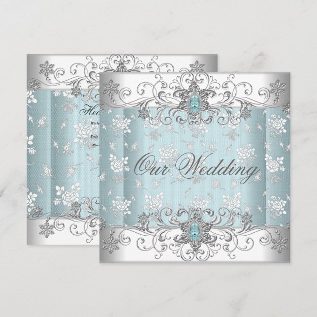 Invitación Boda Blue Silver White Diamond Jewel Lace (Anverso / Reverso)