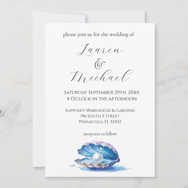 Invitación Boda Blue Watercolor Beach Oyster (Anverso)
