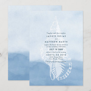 Invitación Boda Blue Watercolor Beach Seashell