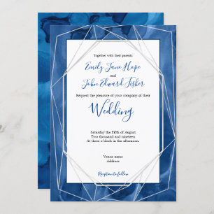 Invitación Boda Blue Watercolor/Geométrico Silver Lines