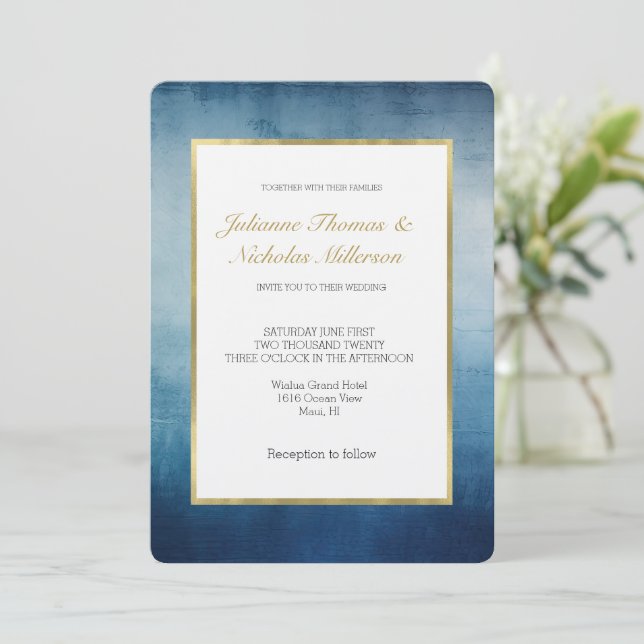 Invitación Boda Blue White Gold (Anverso de pie)