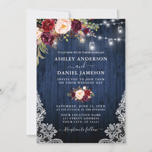 Invitación Boda Blue Wood Burgundy Floral Jar Luces Lace (Anverso)