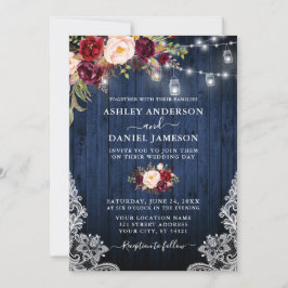 Invitación Boda Blue Wood Burgundy Floral Jar Luces Lace